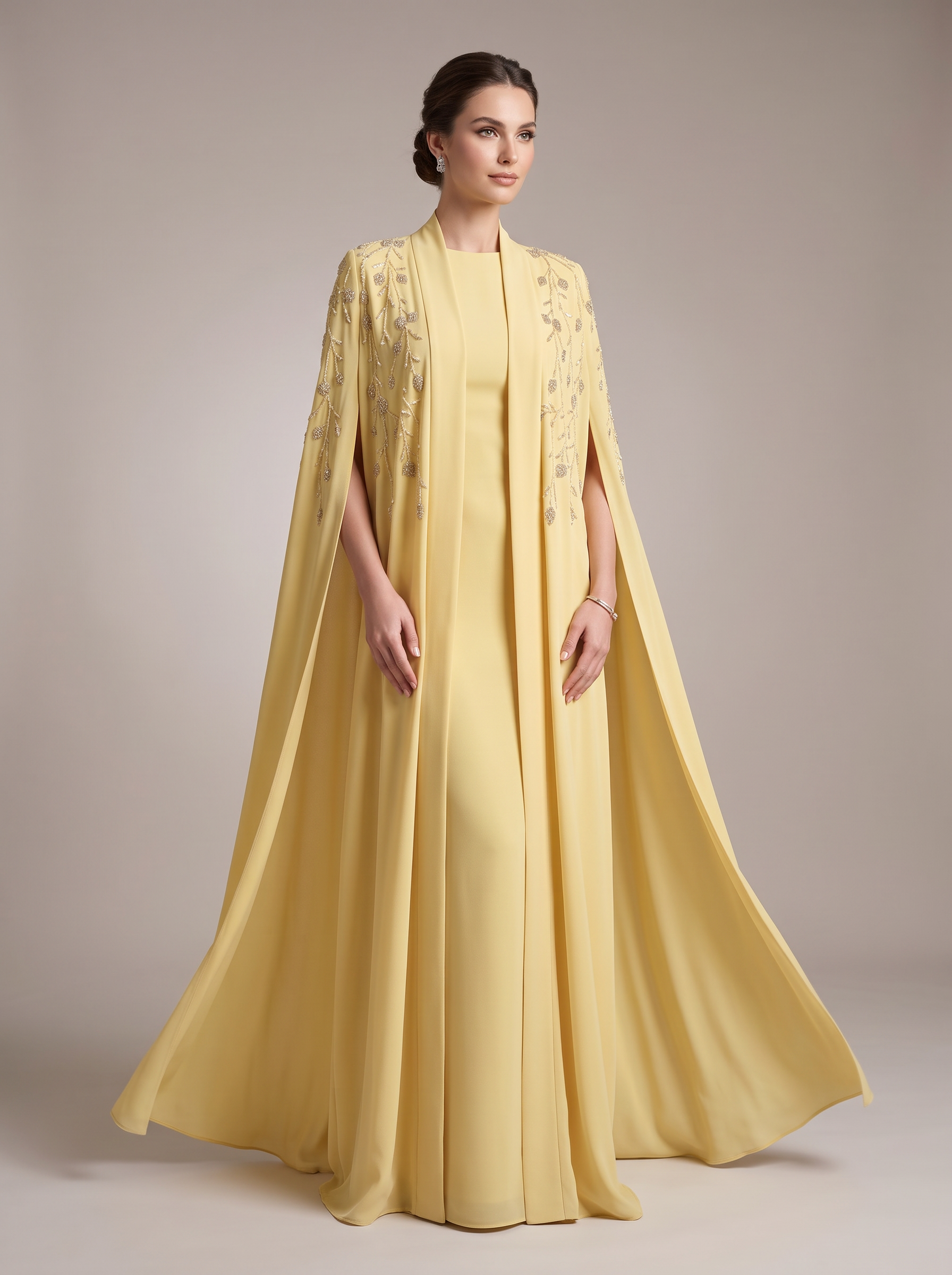 Saffron Cape Crepe Gown — view 1