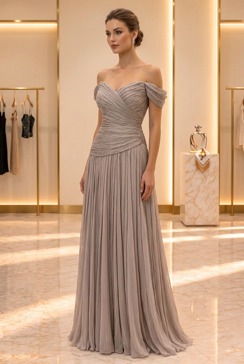 Grey Pleated Off-Shoulder Gown — view 1