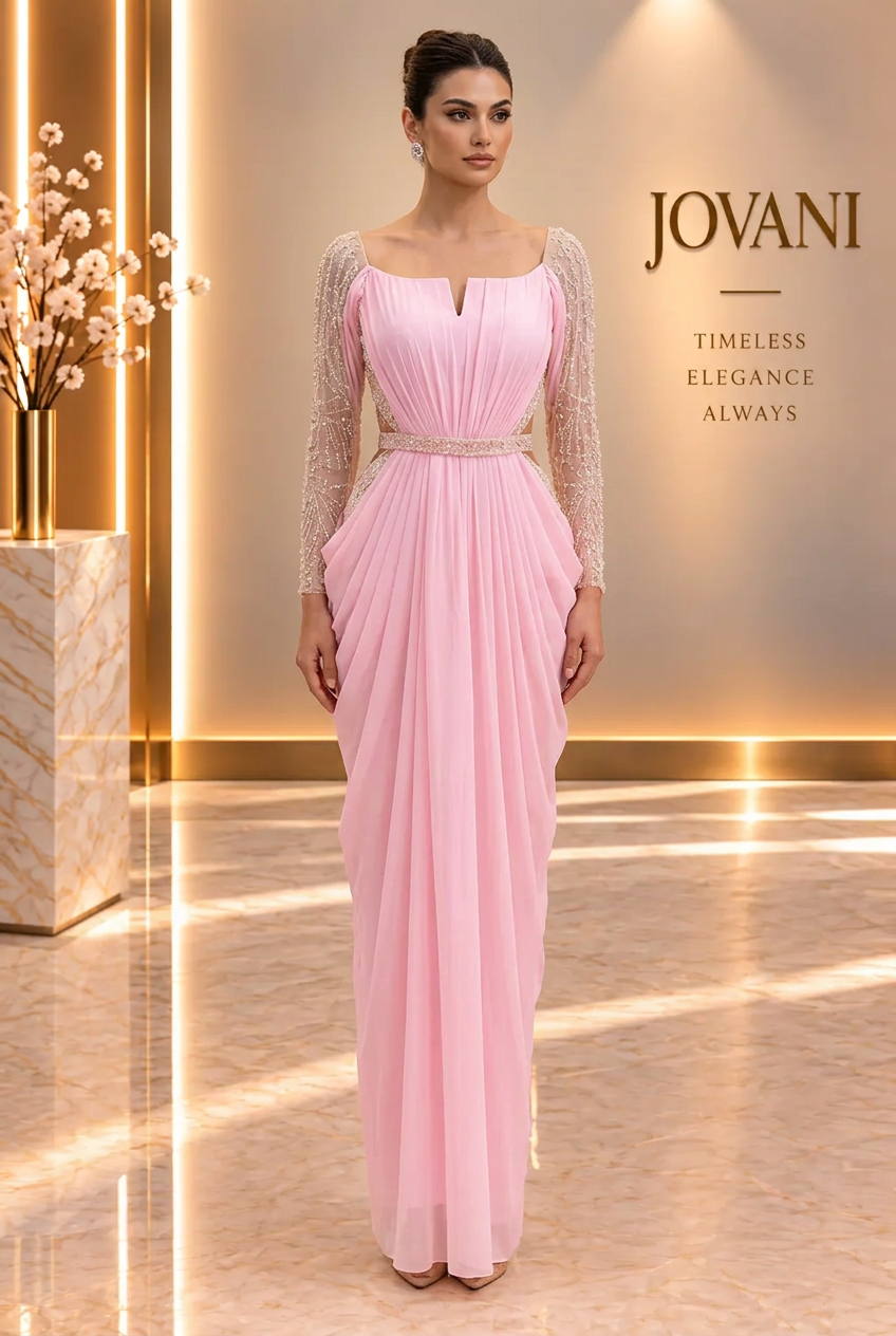 Pink Draped Beaded-Sleeve Gown — view 1