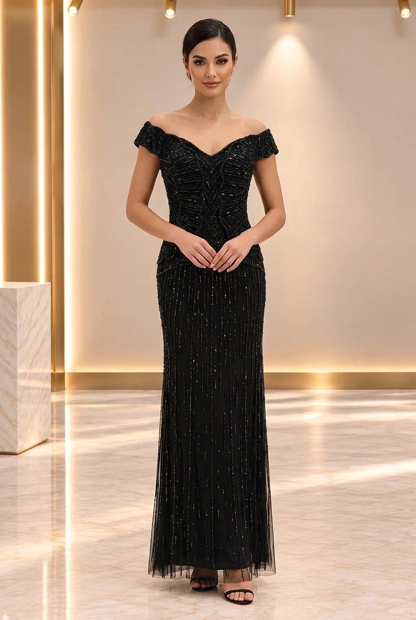 Black Beaded Fringe Gown — view 1
