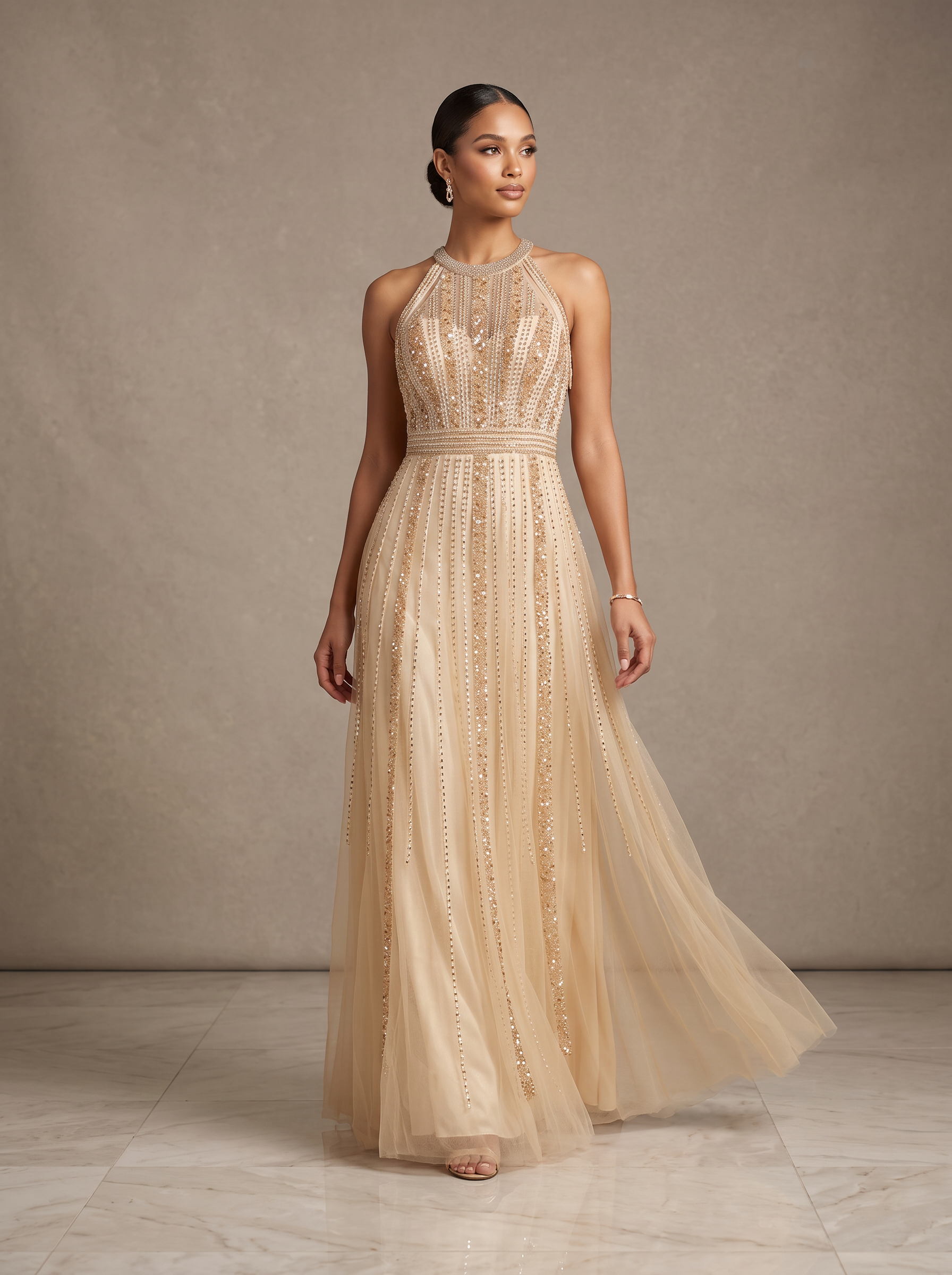 Champagne Beaded Halter Gown — view 1