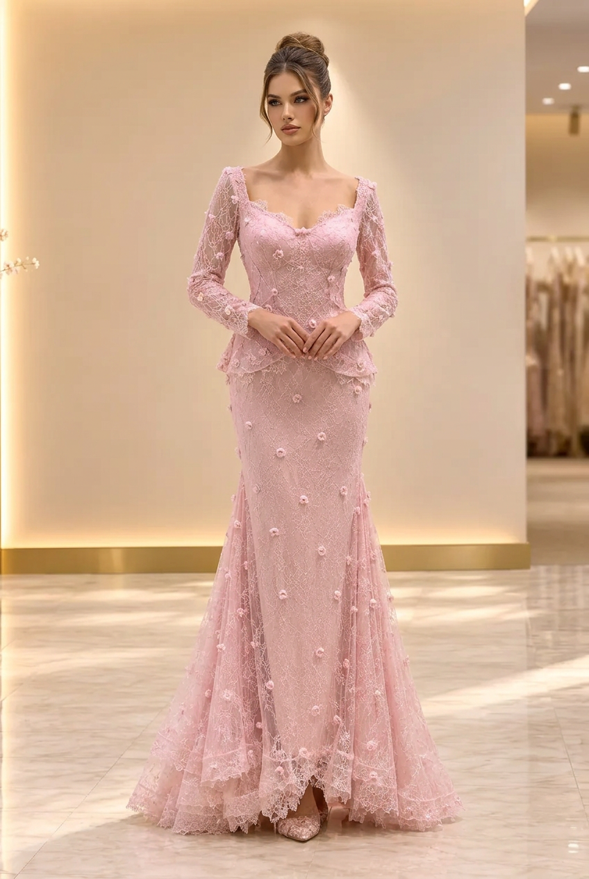 Pink Lace Long-Sleeve Gown — view 1