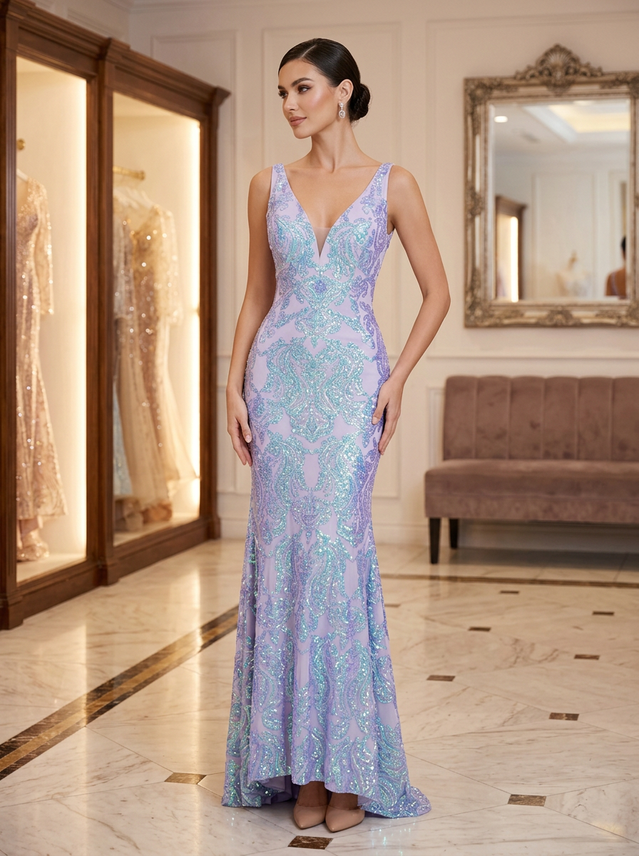 Lavender Iridescent Sequin Gown — view 1