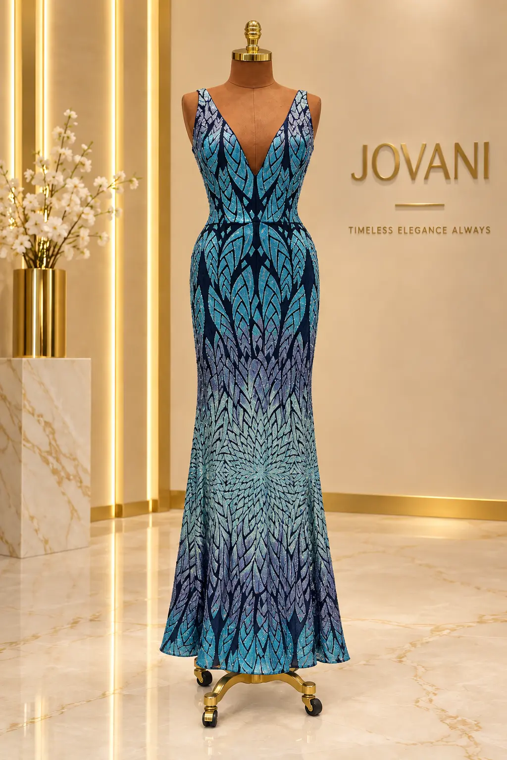 Navy Turquoise Leaf Sequin Gown