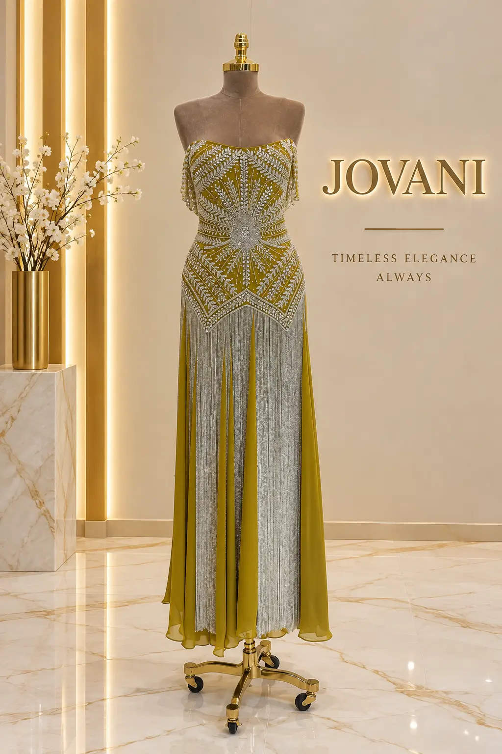 Olive Silver Fringe Gown