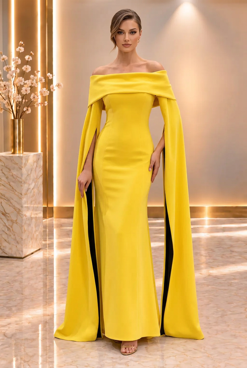 Yellow Satin Off-Shoulder Gown — view 1