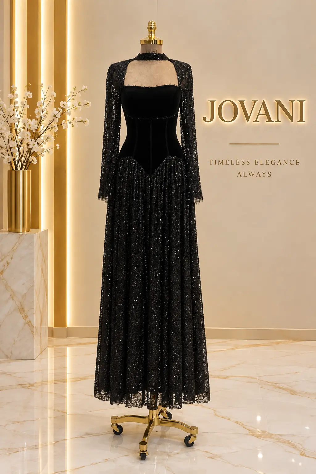 Black Velvet Glitter Lace Gown