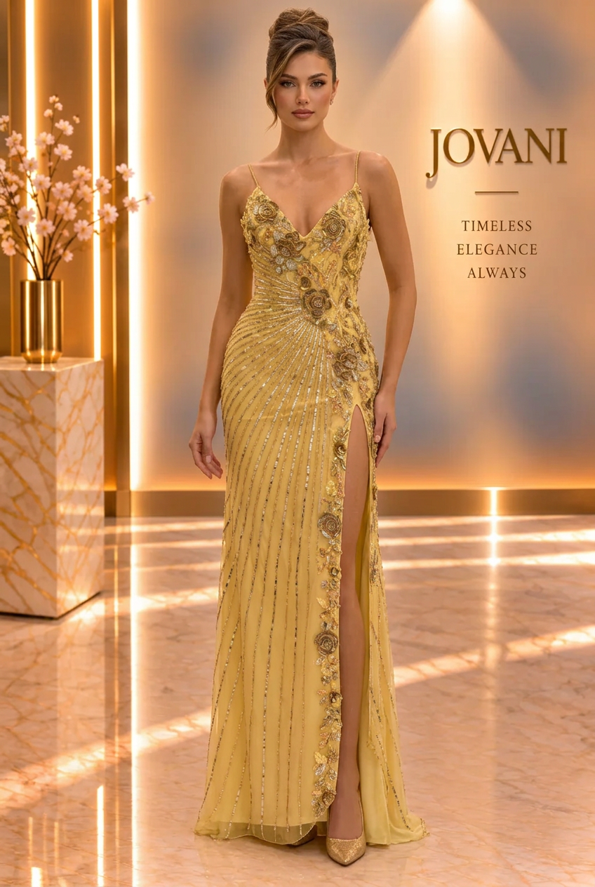Gold Floral Embroidered Gown — view 1