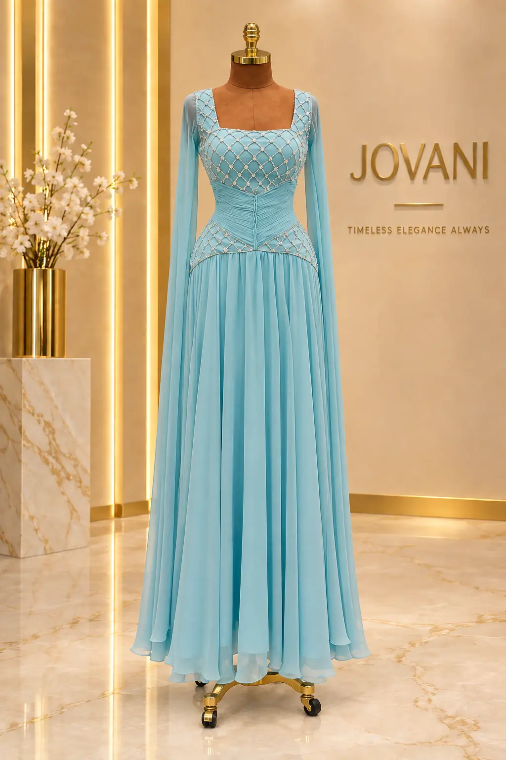 Sky Blue Crystal Lattice Cape Gown