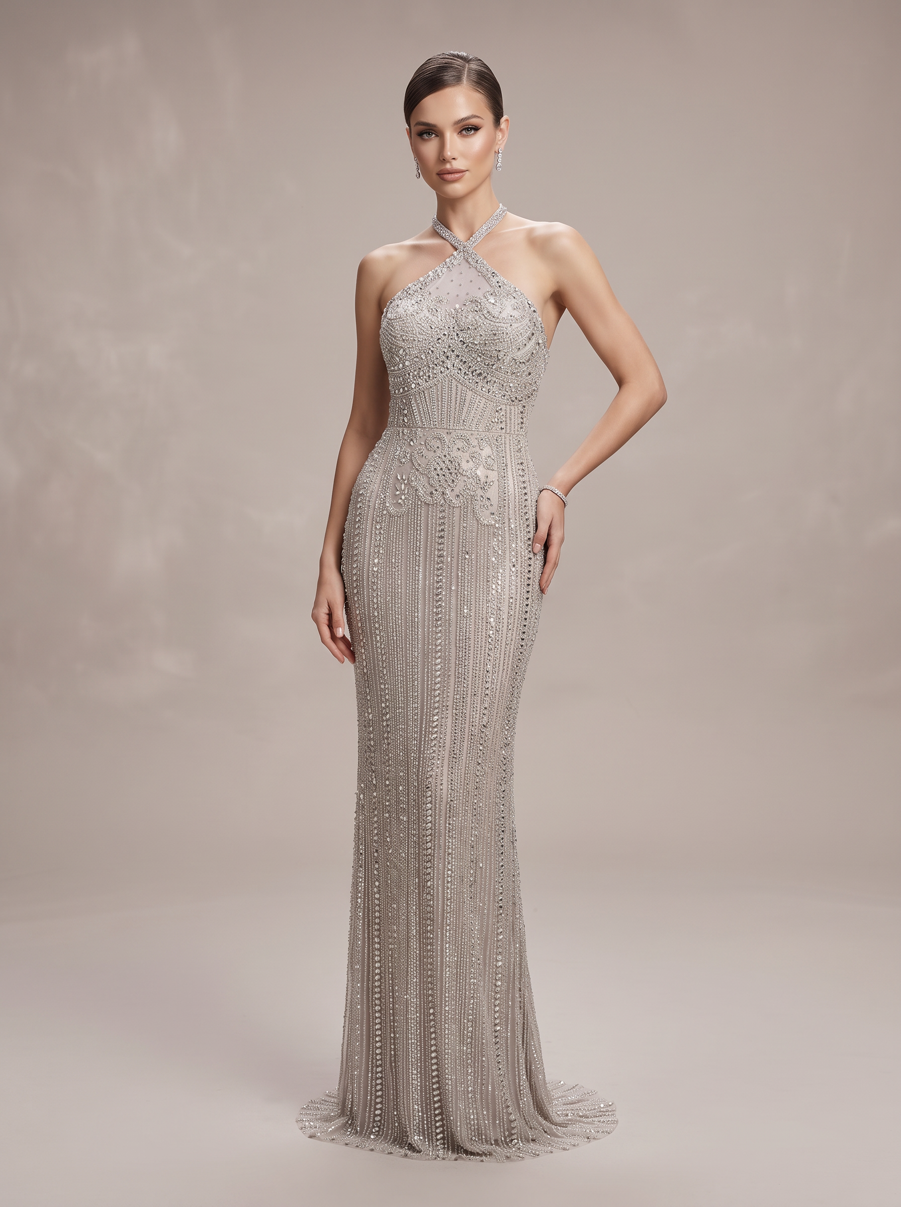 Silver Crystal Halter Gown — view 1