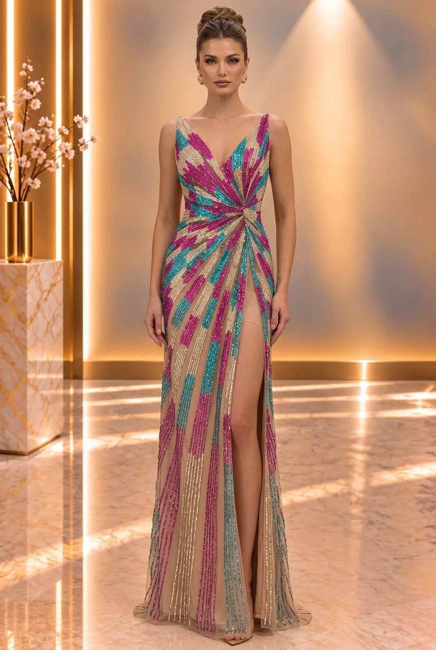 Multicolor Sequin V-Neck Gown — view 1