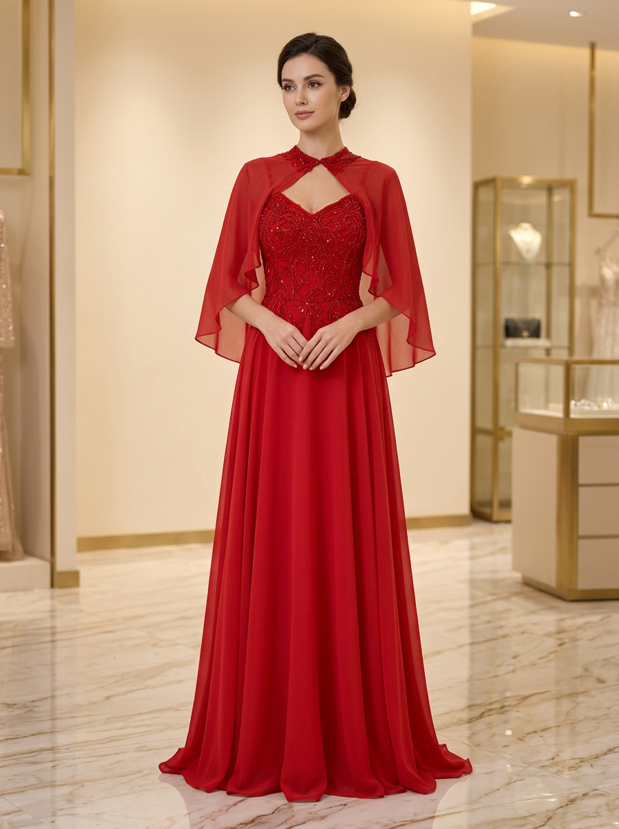 Red Cape Beaded Gown — view 1