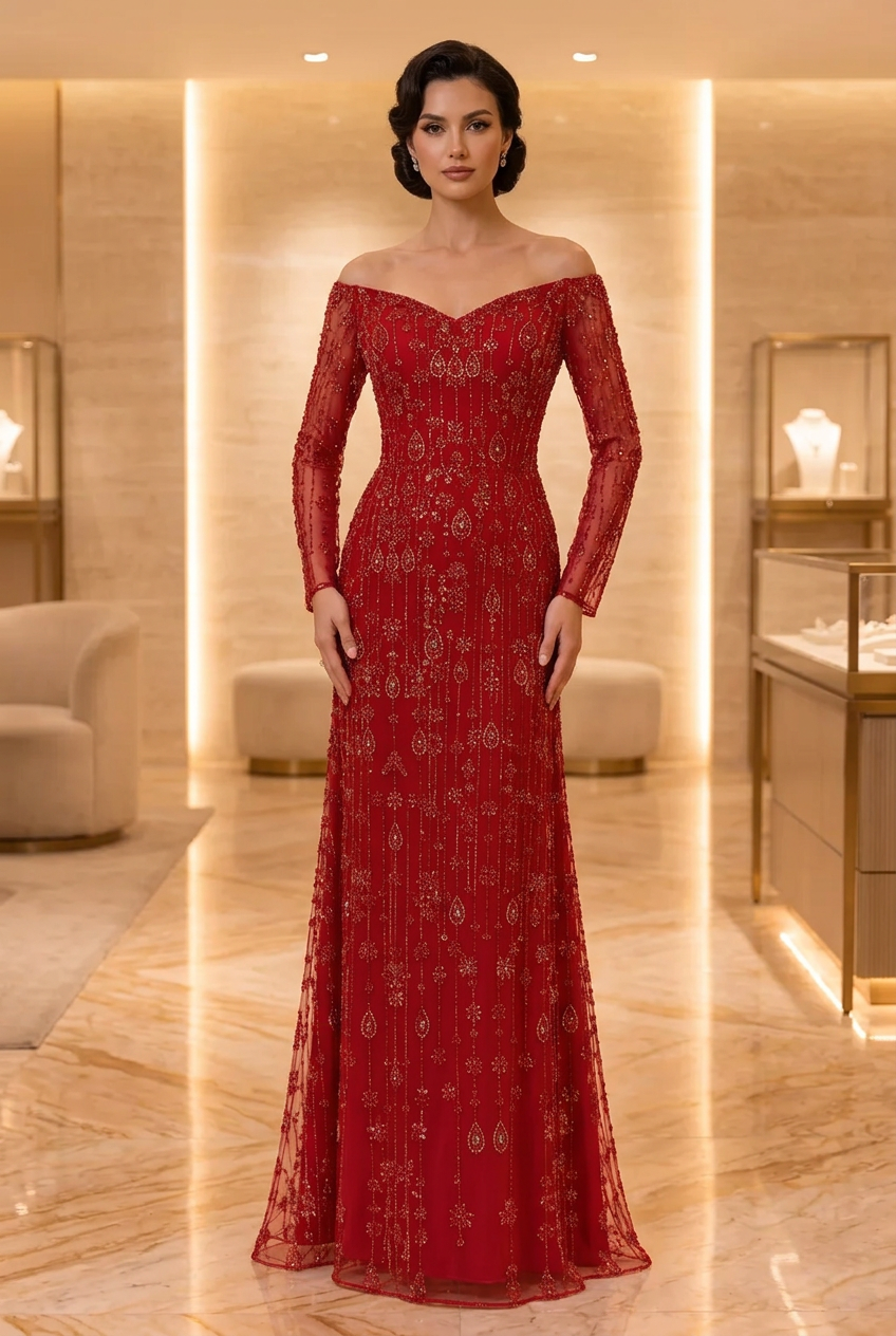 Red Beaded Long-Sleeve Gown — view 1