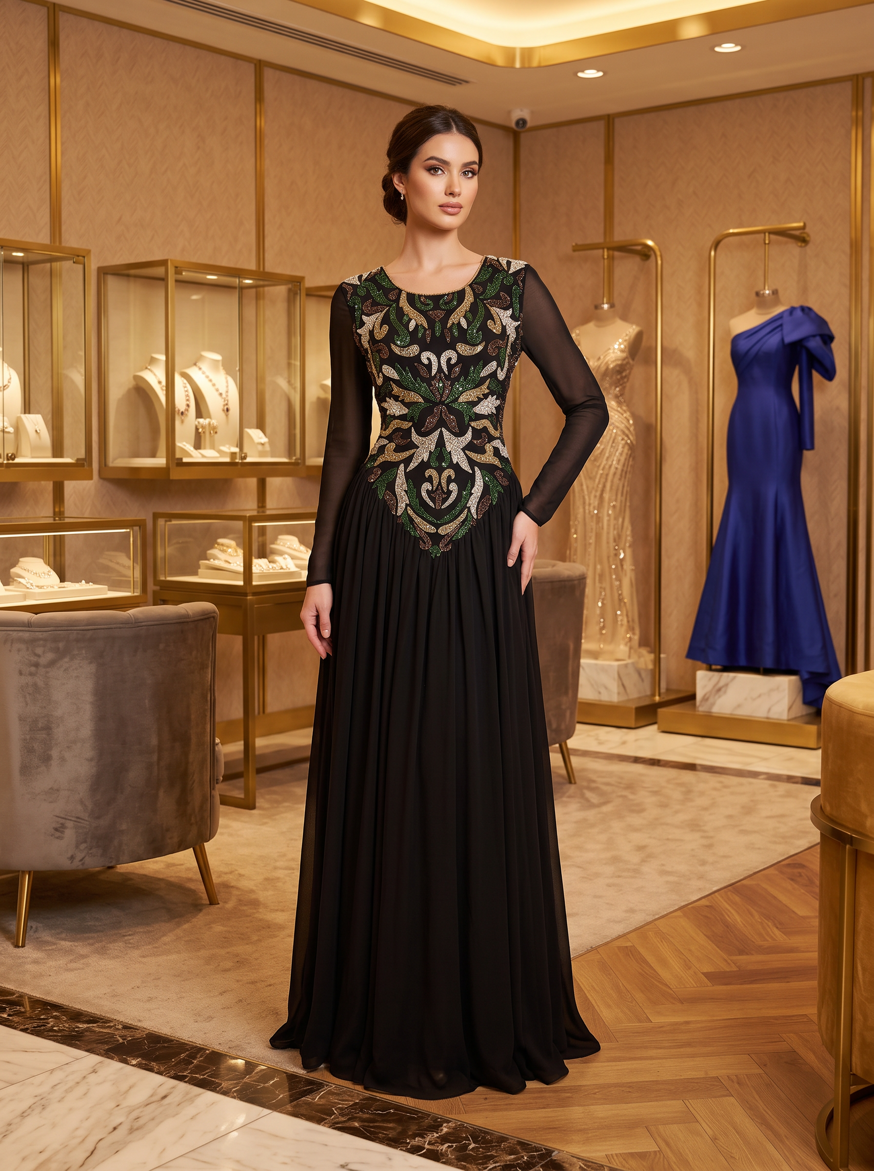Emerald Baroque Cape Gown — view 1