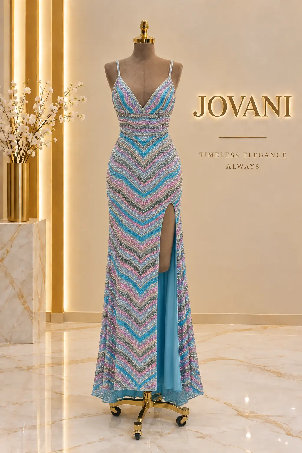 Multicolor Chevron Sequin Gown