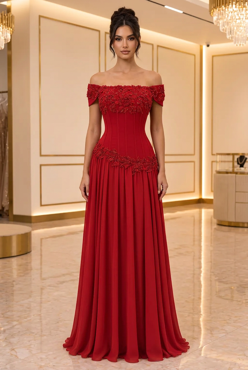Red Beaded Chiffon Gown — view 1