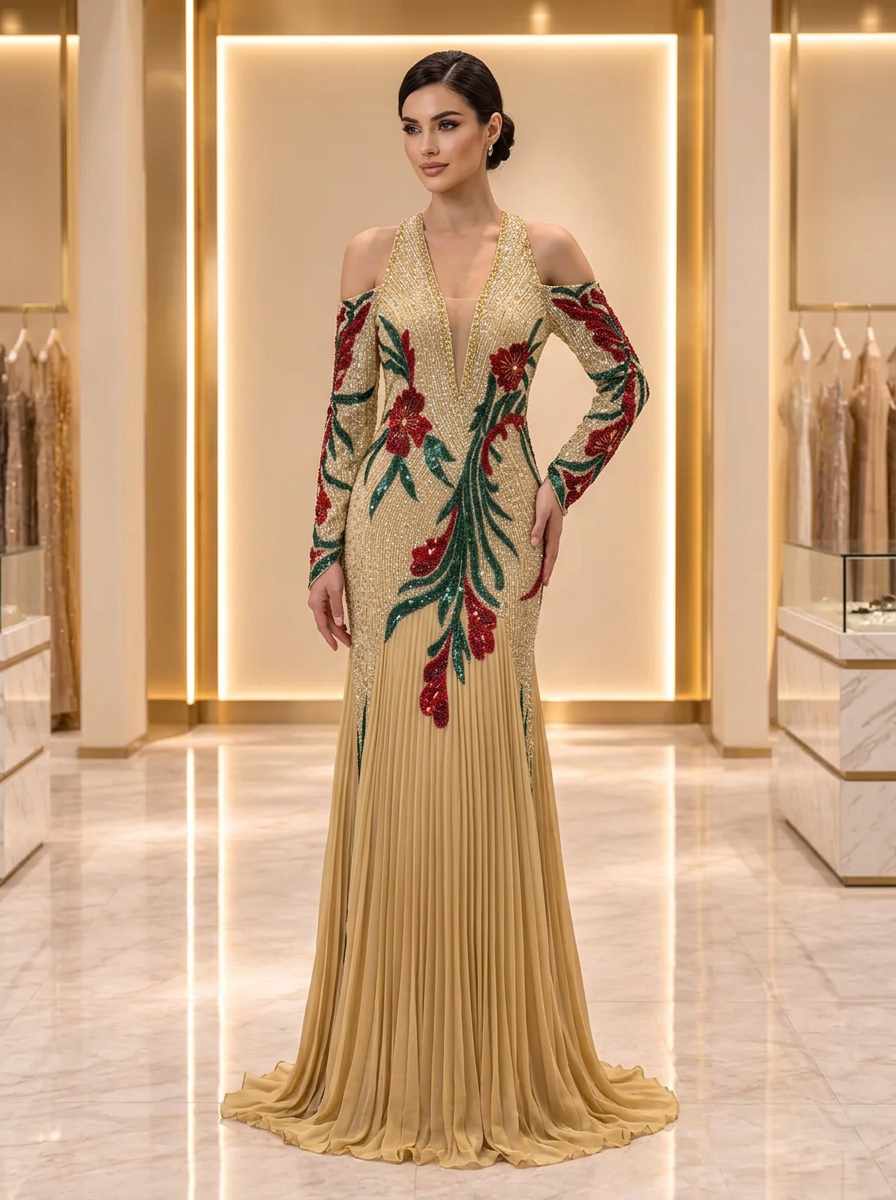 Gold Floral Sequin Gown — view 1
