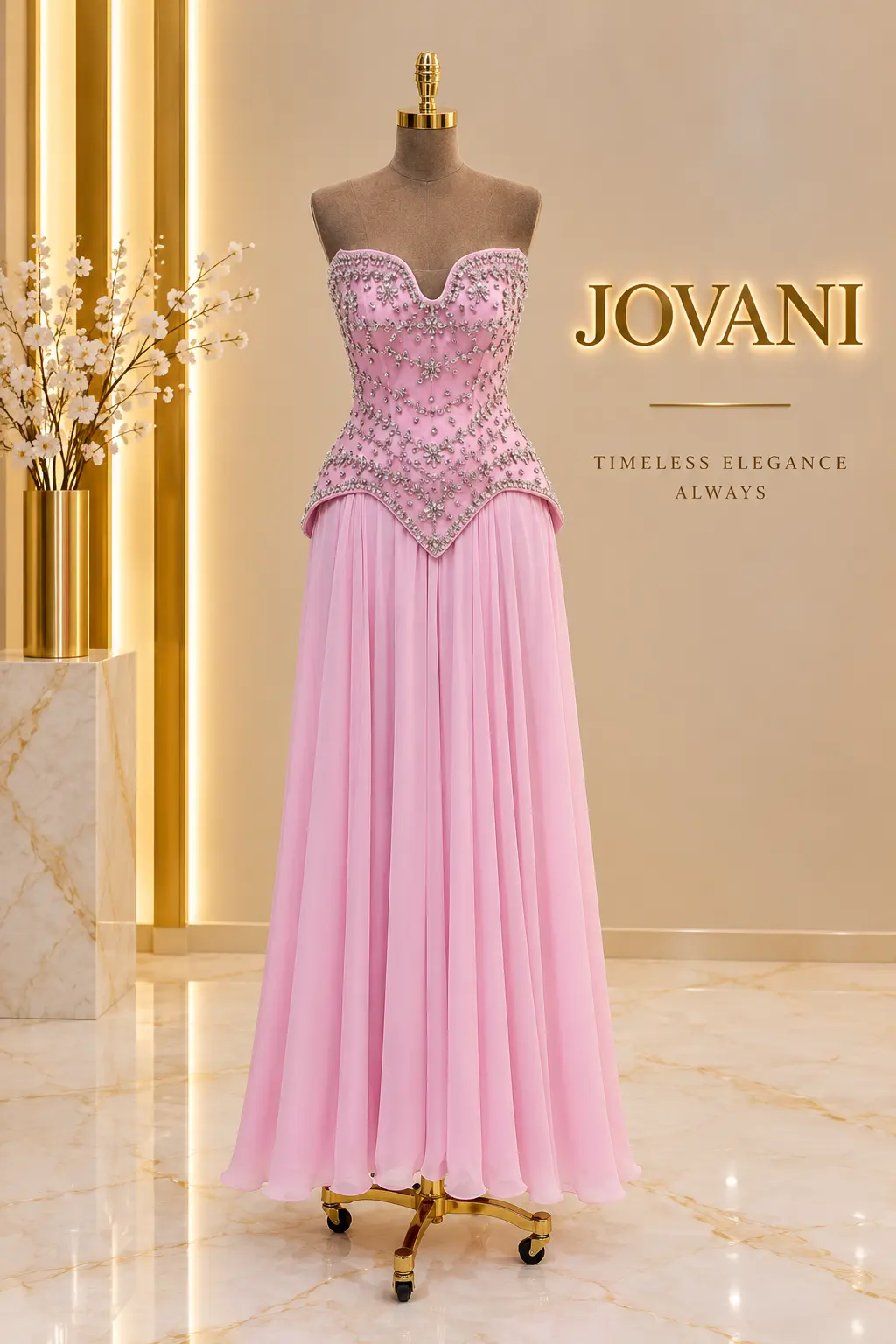 Pink Crystal Corset Chiffon Gown