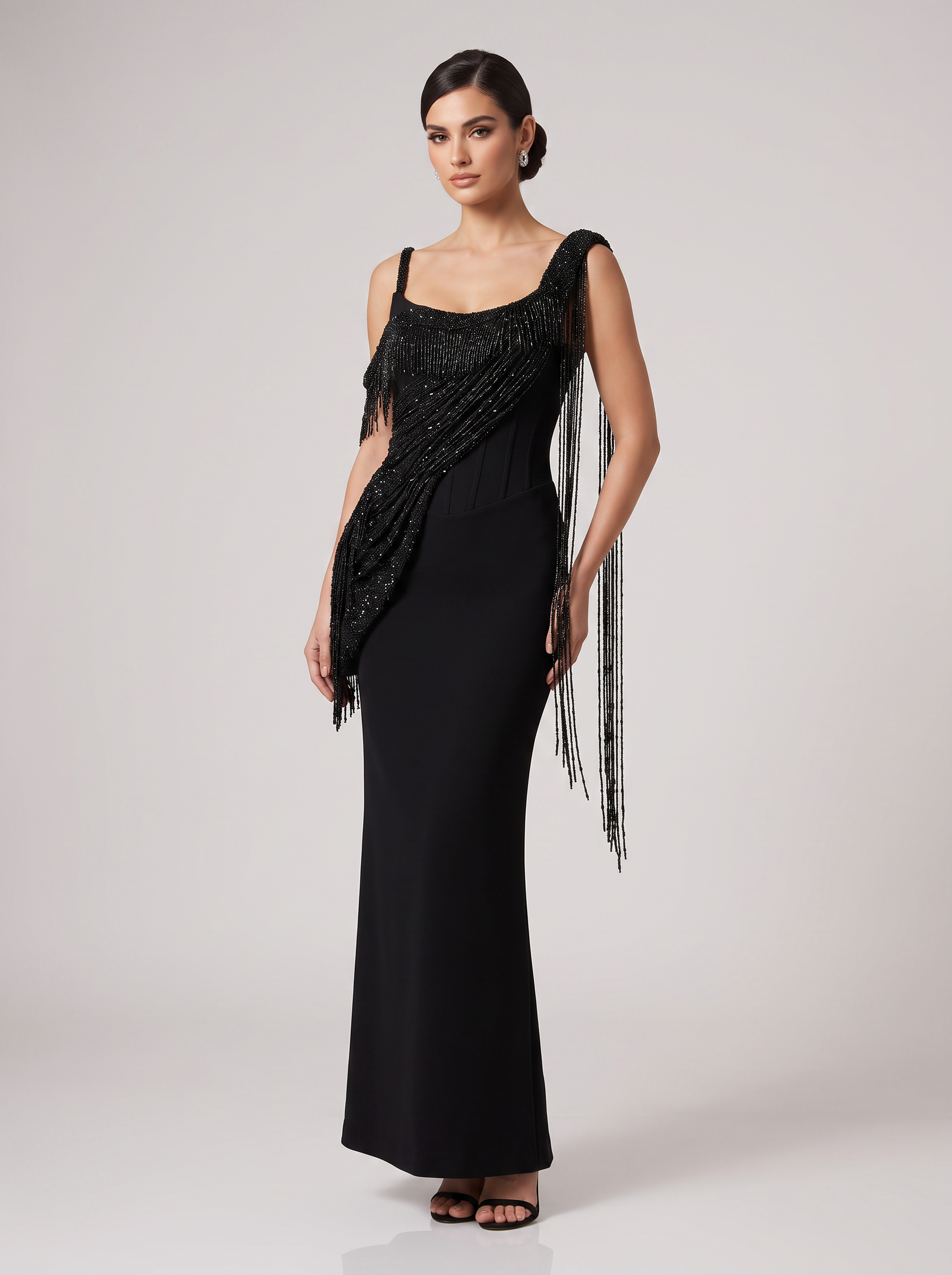 Black Beaded Fringe Gown — view 1