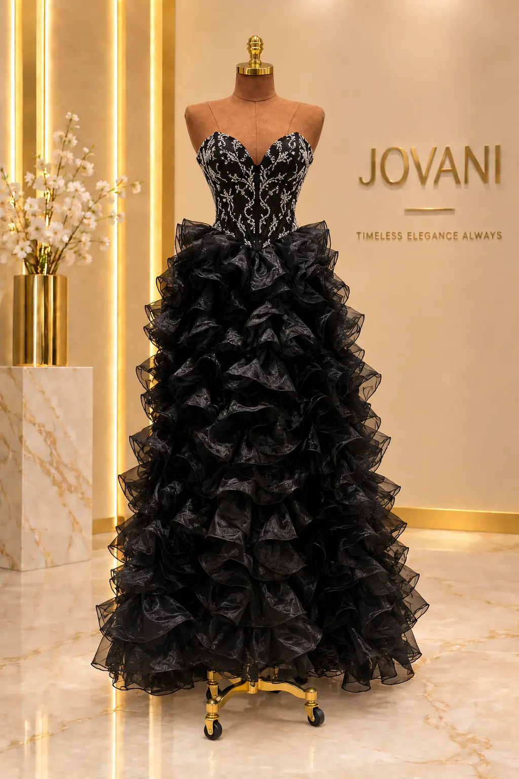 Black Crystal Ruffle Ballgown