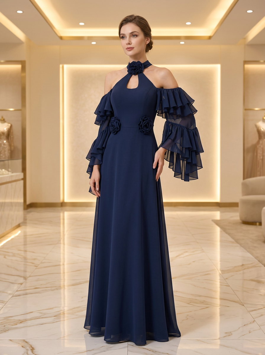 Navy Rosette Ruffle Gown — view 1