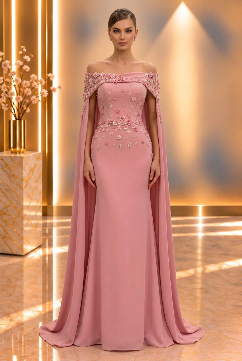 Pink Floral Cape Gown — view 1