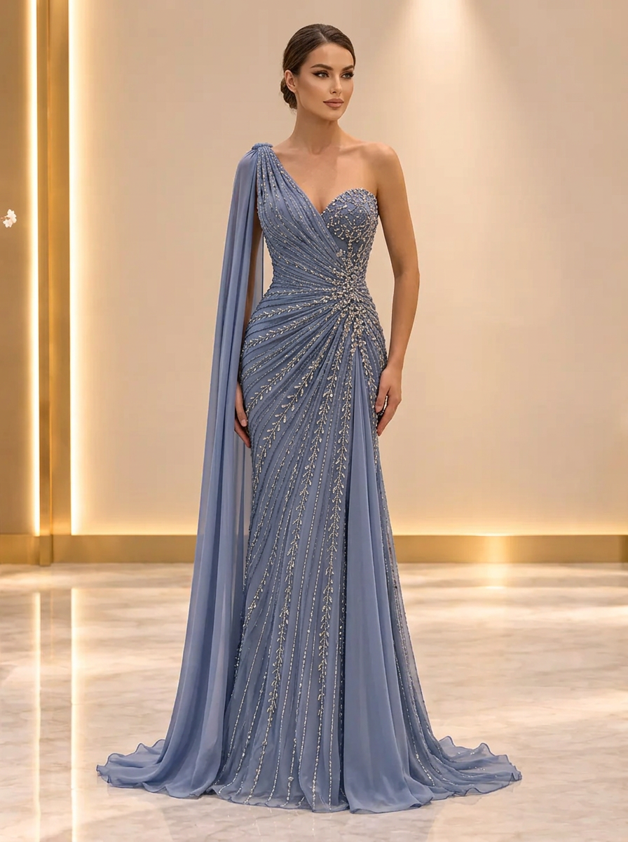 Blue Beaded Cape Gown — view 1
