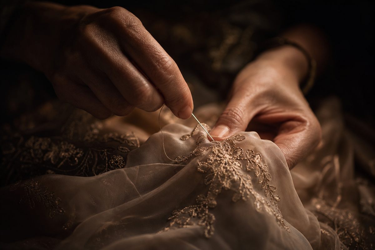 Hand-stitching delicate silk and lace in the Jovani atelier