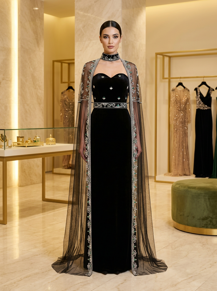 Black Crystal Cape Column Gown — view 1