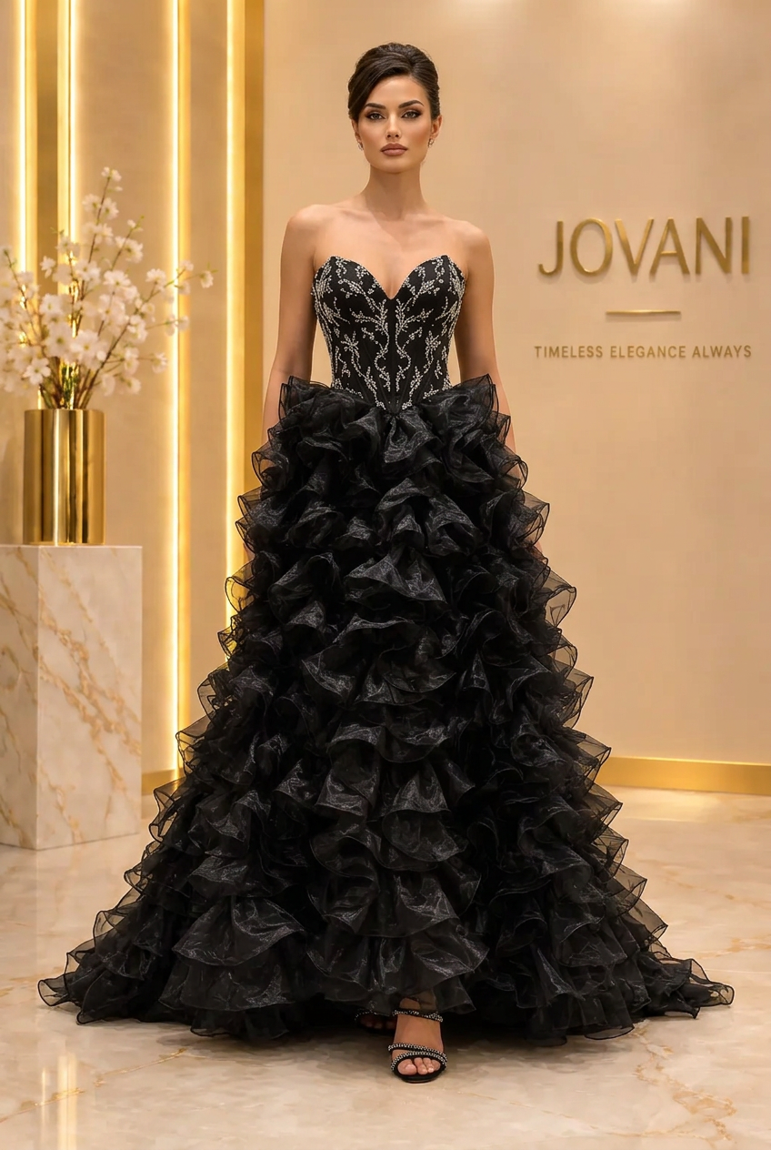 Black Crystal Ruffle Ballgown — view 1