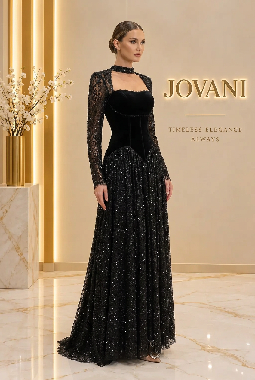 Black Velvet Glitter Lace Gown — view 1