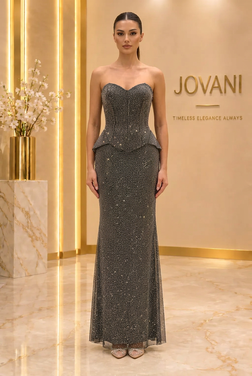 Charcoal Crystal Peplum Gown — view 1