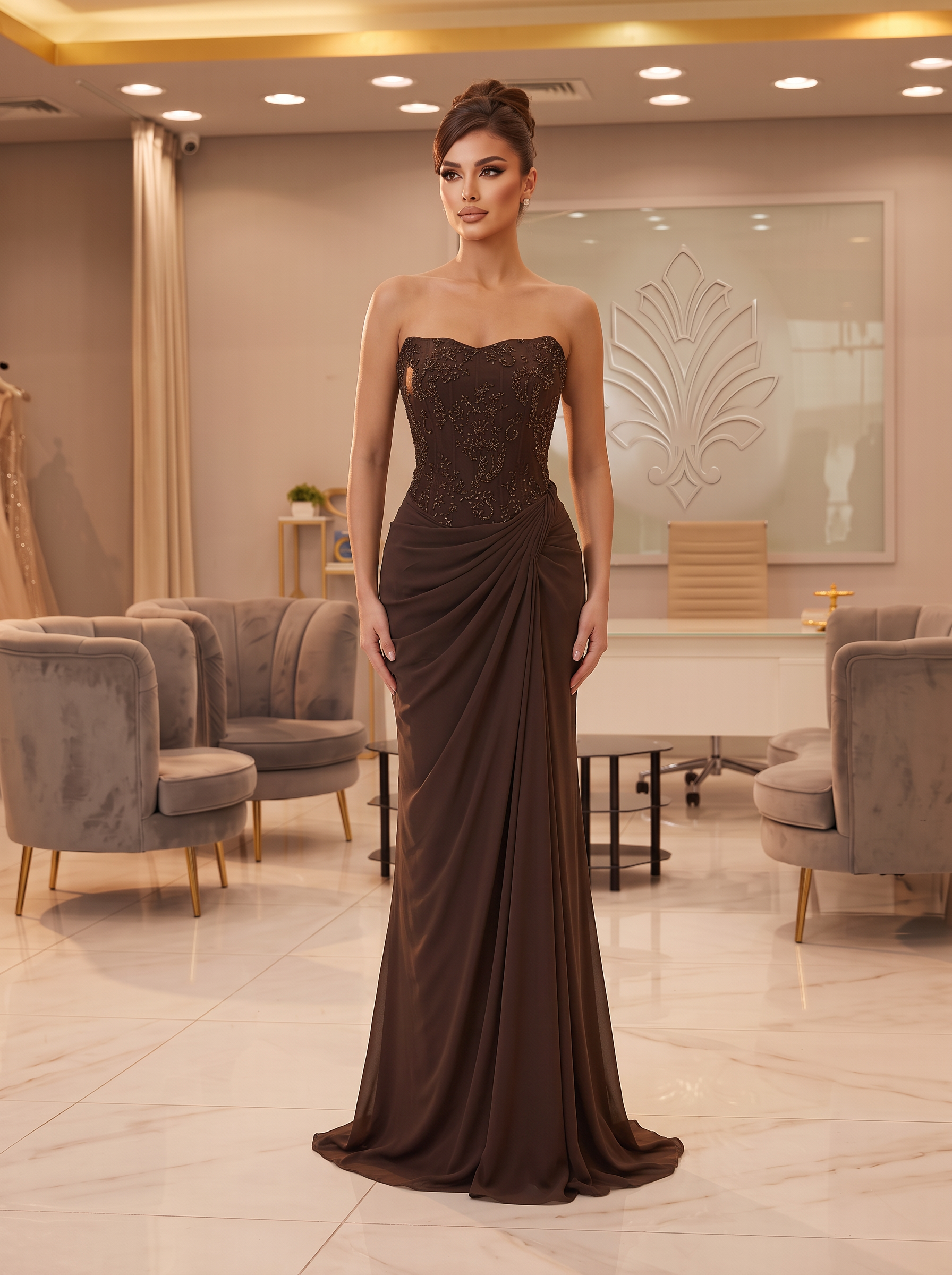 Espresso Beaded Drape Gown — view 1