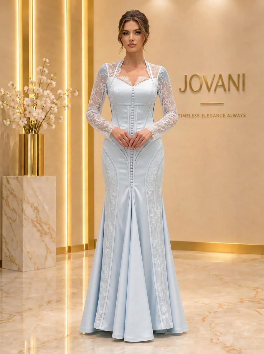 Ice Blue Lace Button Mermaid Gown — view 1