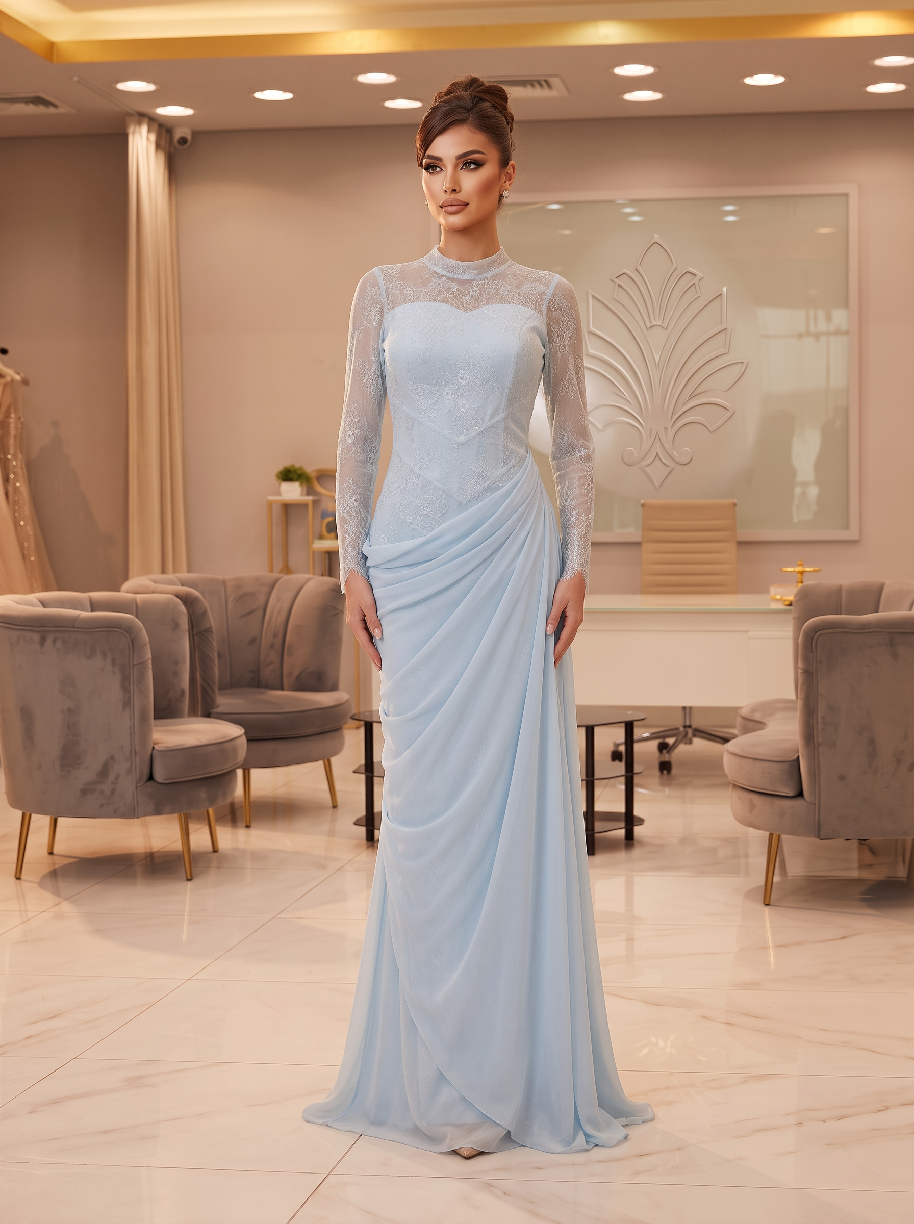 Ice Blue Lace Drape Gown — view 1