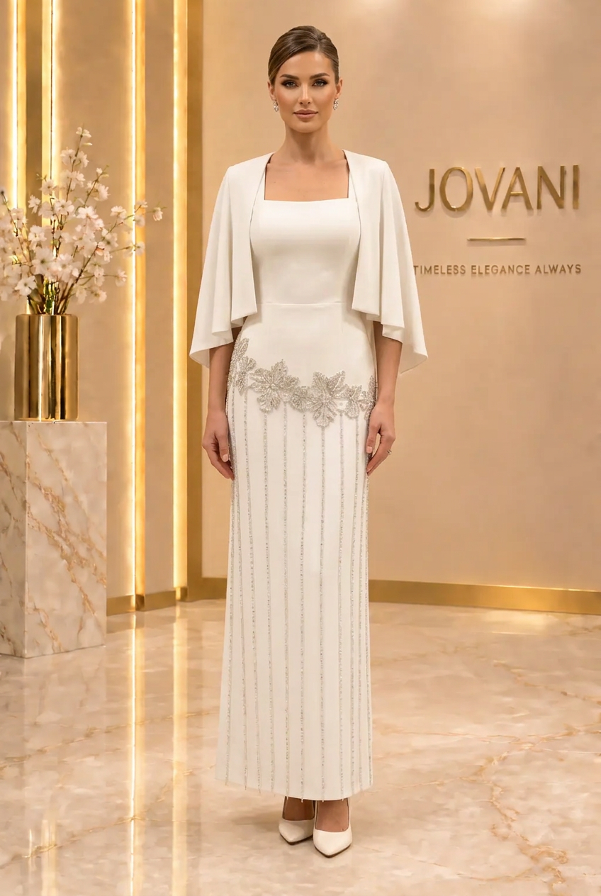 Ivory Crystal Cape Column Gown — view 1
