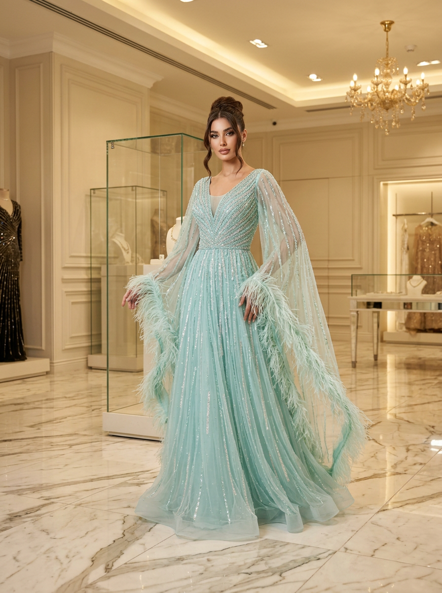 Mint Feather Beaded Gown — view 1