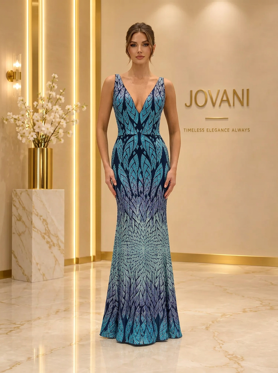 Navy Turquoise Leaf Sequin Gown — view 1