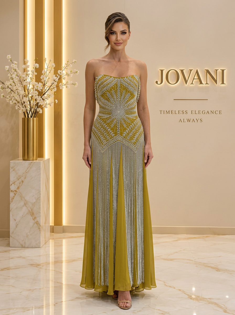 Olive Silver Fringe Gown — view 1