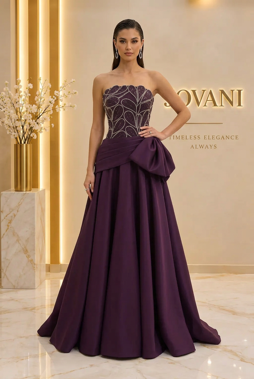 Plum Crystal Leaf Bow Ballgown — view 1