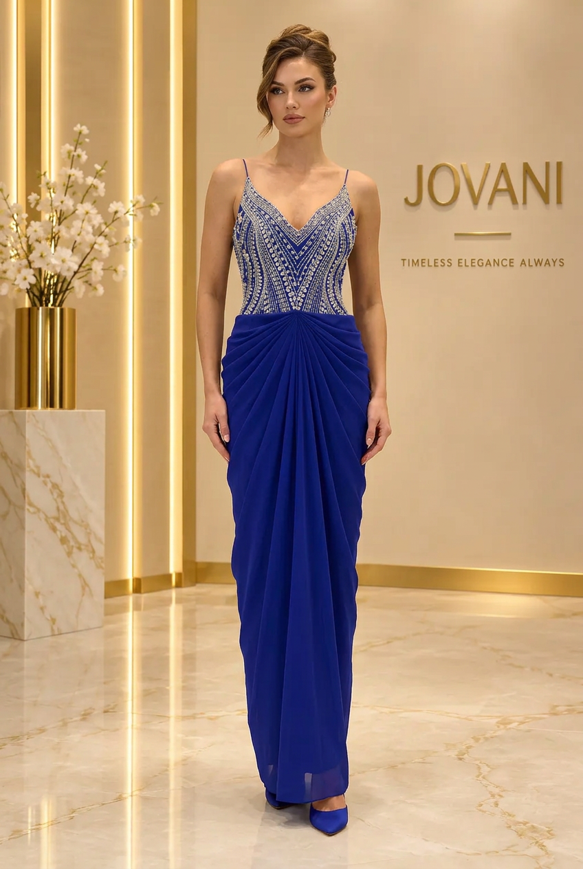 Royal Blue Crystal Draped Gown — view 1
