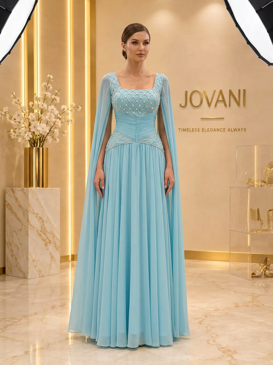 Sky Blue Crystal Lattice Cape Gown — view 1