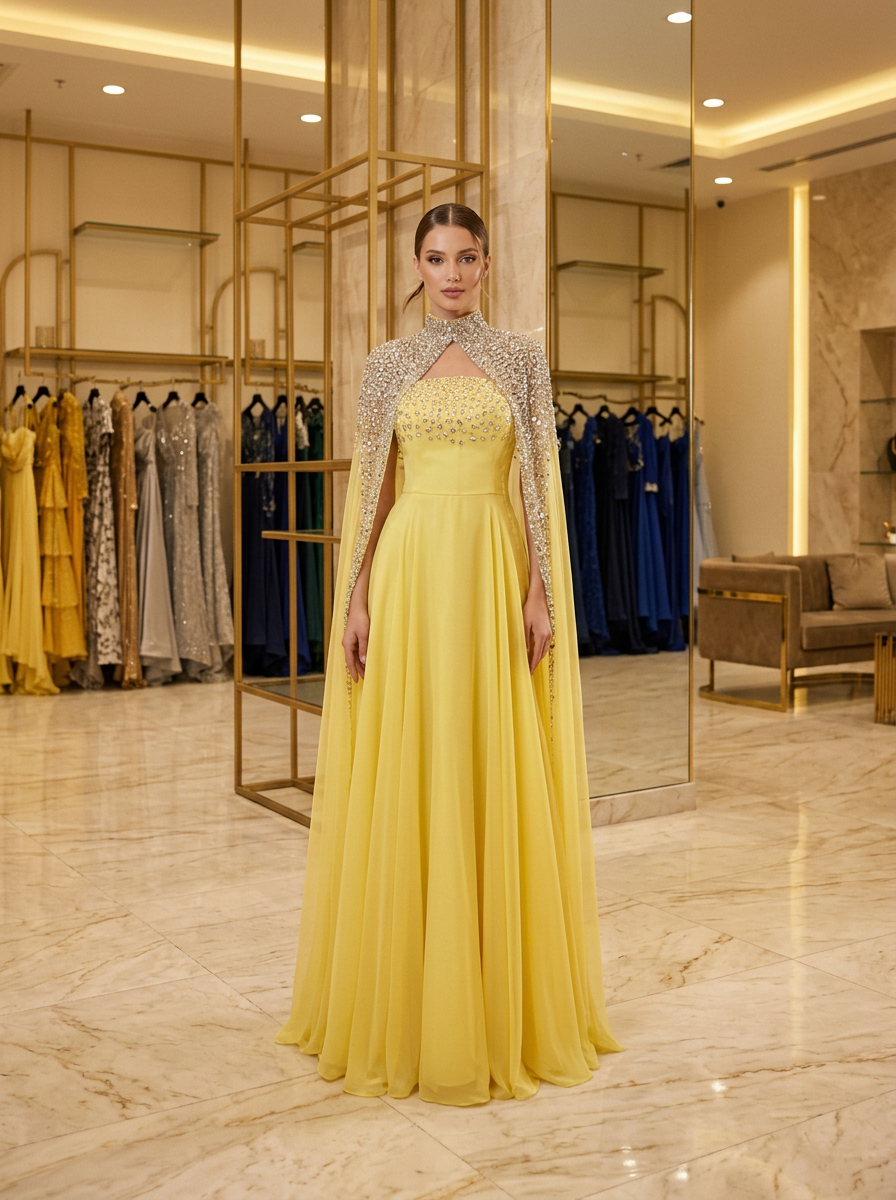 Yellow Crystal Cape Gown — view 1