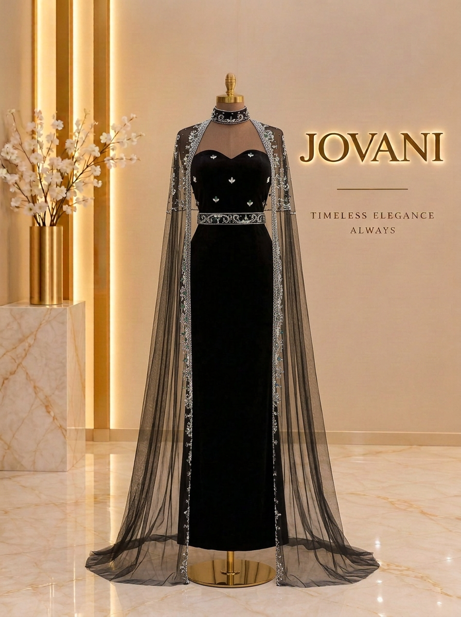 Black Crystal Cape Column Gown