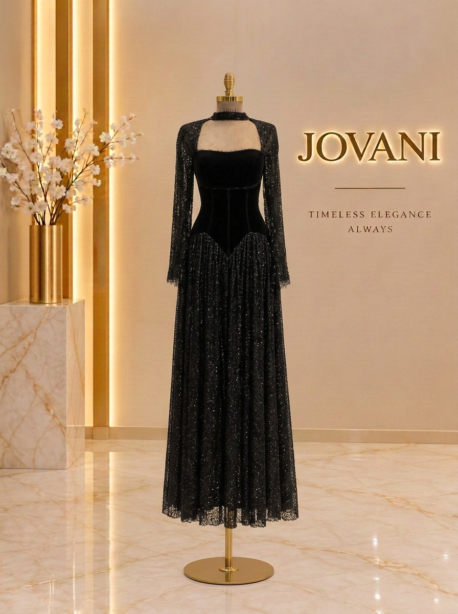 Black Velvet Glitter Long Sleeve Gown
