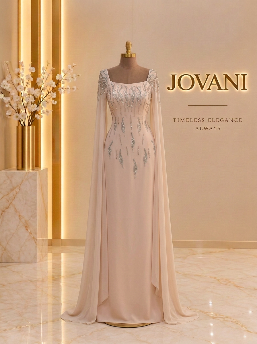 Blush Crystal Leaf Cape Gown
