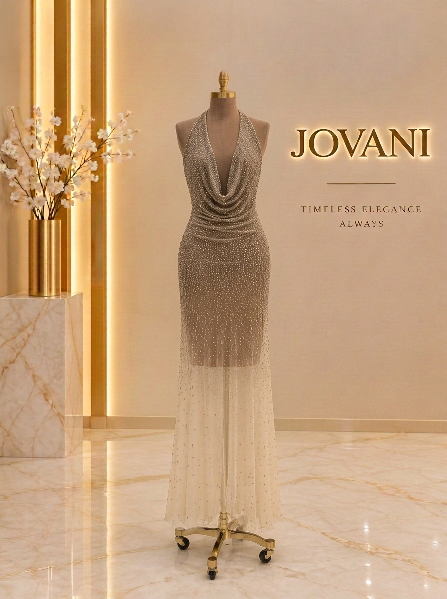 Champagne Crystal Cowl Halter Gown