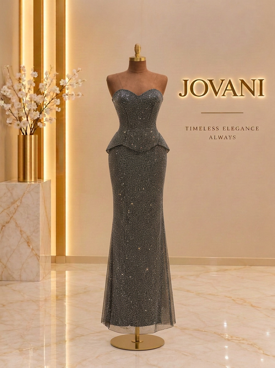 Charcoal Crystal Peplum Gown