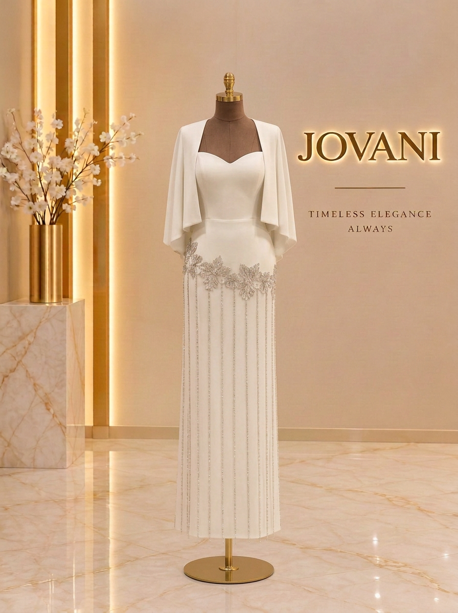 Ivory Crystal Cape Column Gown