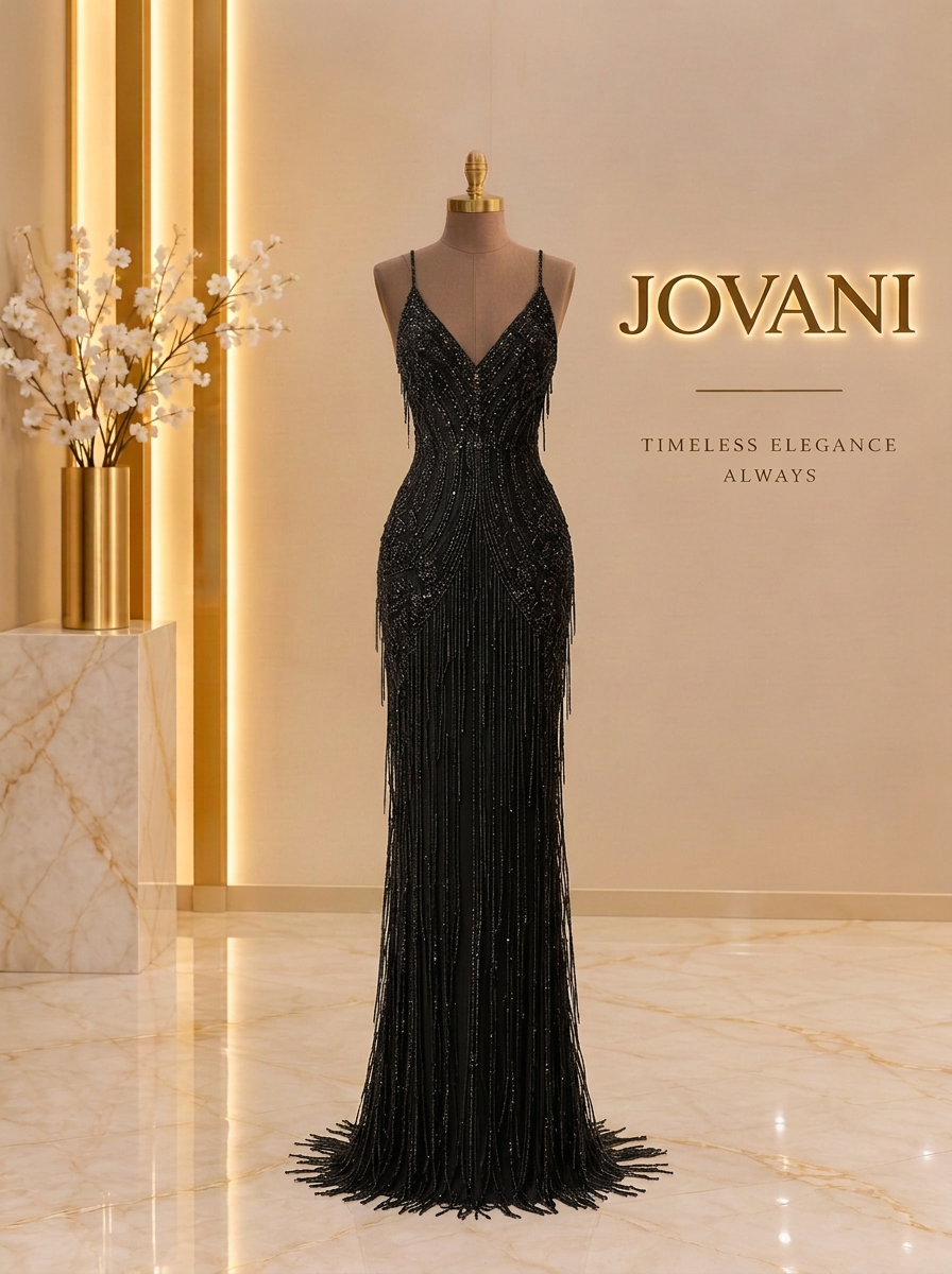 Black Beaded Fringe Gown